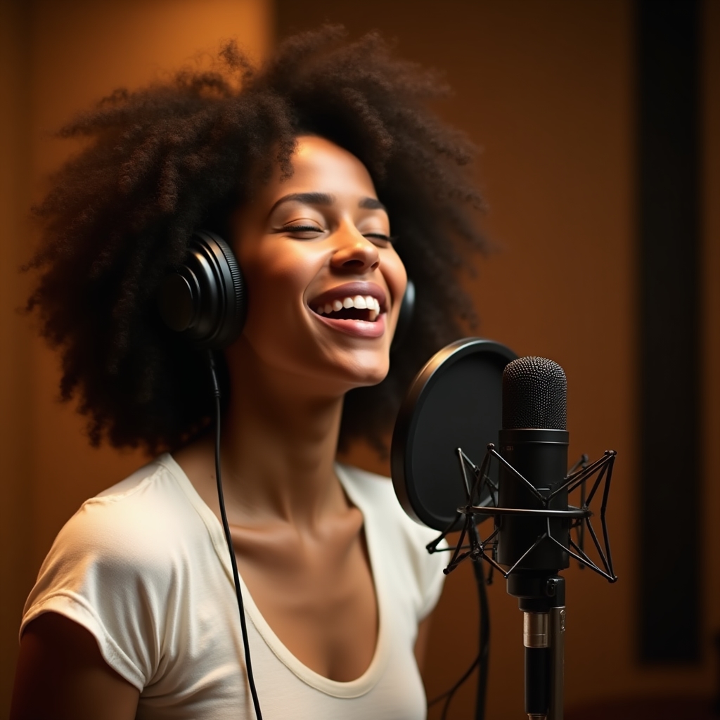 Vocalistă în cabina de înregistrare la studioul Ploranix